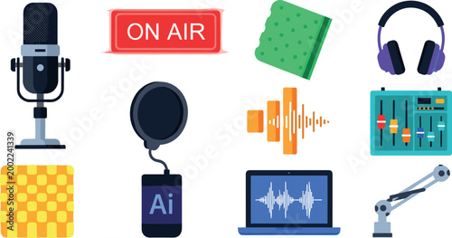 Vector Illustration of Audio Production Equipment Including Microphone, Headphones, and Sound Mixer for Podcasting, Music, and Media Designs