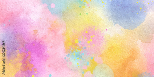 Vibrant abstract watercolor design featuring a colorful paint splash pattern and artistic ink texture on vintage paper backdrop