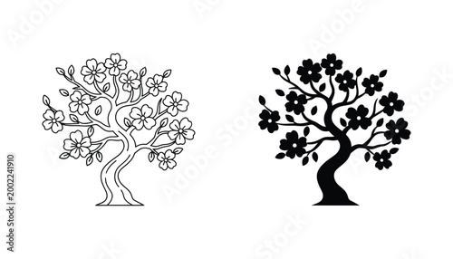 Fotografie Flowering tree with blossoms vector icon set in outline and solid black style fo