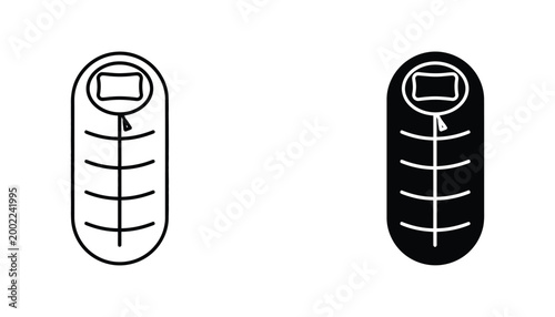 Sleeping bag for camping and outdoor travel vector icon set in outline and solid black styles for adventure and recreational gear