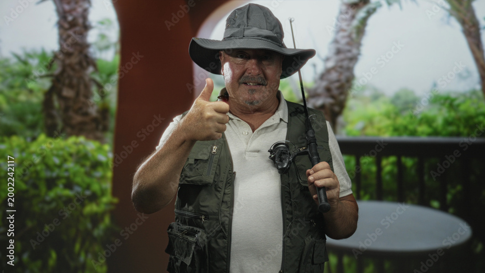 Fototapeta premium Man holding fishing rod giving thumbs up on building porch wearing hat and fishing vest; confidence adventure.