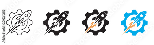 Rocket Launch and Gear Icon Set Vector Illustration, startup business growth innovation concept, technology progress and success UI design element