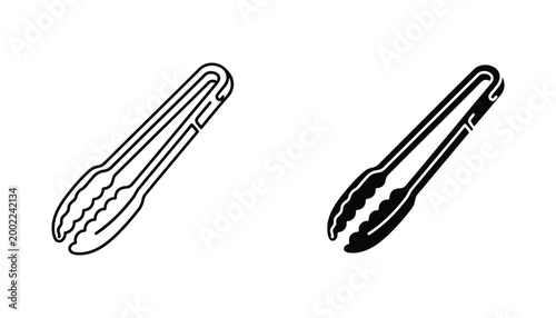 Kitchen cooking tongs outline and solid black silhouette icon set for food preparation and grilling equipment design isolated on white background