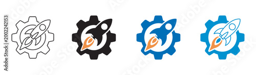 Rocket Launch and Gear Icon Set Vector Illustration, startup business growth innovation concept, technology progress and success UI design element