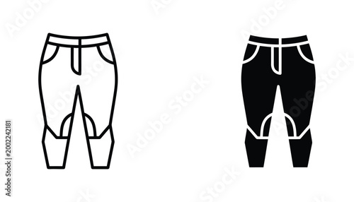 Equestrian riding breeches or pants outline and solid black silhouette icon set for sports and outdoor fashion design isolated on white background