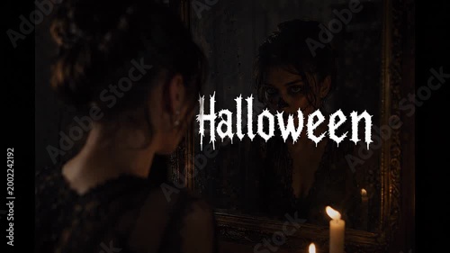 Young woman in gothic lace dress looking at her reflection in an antique mirror with skull makeup for Halloween party concept and mysterious ambiance