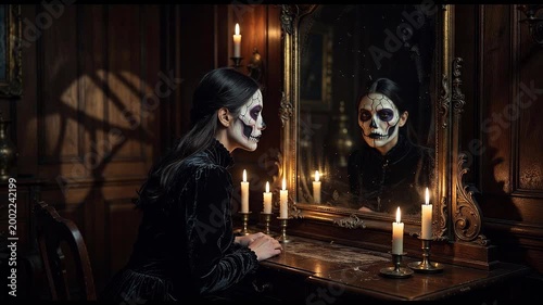 Woman with skull makeup looks into an ornate mirror in a dark, candlelit room for Halloween costume concept and gothic mystery