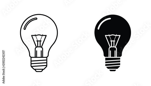 Classic glowing light bulb icon set featuring both thin line art and solid black filled versions for innovation and idea concepts