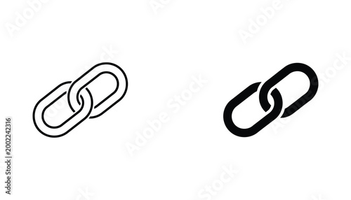 Interlocking metal chain links icon set presented in both thin outline and solid black silhouette styles for connection and security themes