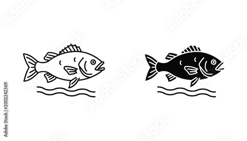 Swimming fish graphic icon set featuring outline and solid black silhouette styles for aquatic life design projects and marine biology concepts isolated on white background