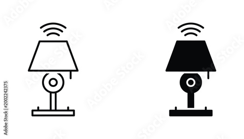 Smart home table lamp icon set with wireless connection signal in outline and solid black silhouette styles for home automation