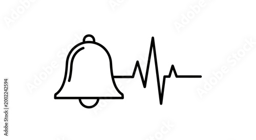 Bell icon connects to a heart rate monitor pulse line to signify an urgent medical alert notification system designed for monitoring patient vital signs in critical care and emergency settings.