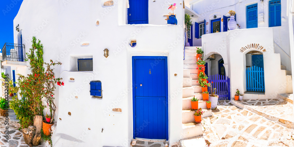 Fototapeta premium Lefkes Paros Greece Traditional Street, White Houses with Blue Doors and Stone Stairs, greek Rustic Charm Aesthetics with Floral Decor, Typical Cycladic Architecture and Pavement Summer Travel