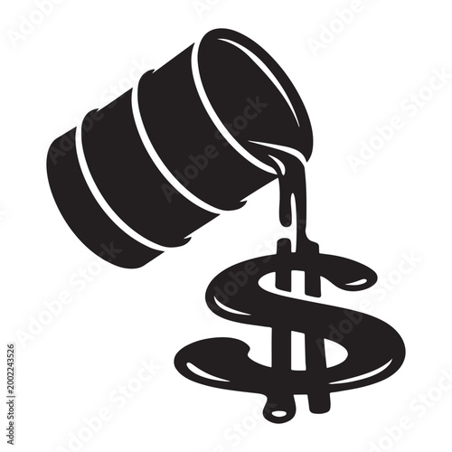 Black oil barrel pouring liquid into a dollar sign shape, industrial petroleum energy concept, crude oil price and fuel economy vector illustration