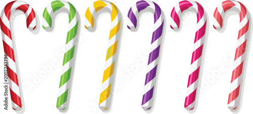 Colorful Candy Cane Set with Striped Christmas Sweets, Festive Holiday Treats Collection in Red, Green, Yellow, Purple and Pink