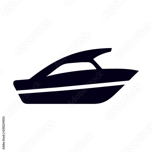 Minimalist speed boat icon vector, black silhouette of a luxury motorboat, modern powerboat symbol for marine logos