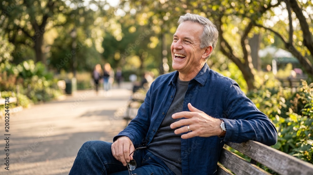 Fototapeta premium Happy mature man laughing outdoors in warm natural sunlight