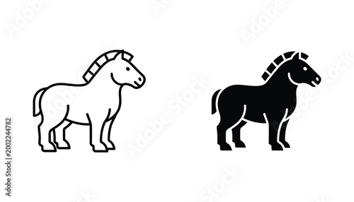 Horse icon collection featuring outline and filled variations for equestrian sports veterinary services or farm animal branding isolated on a clean white background