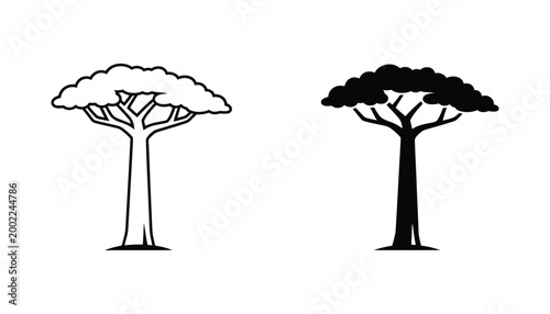 Set of acacia tree icons in outline and solid styles representing African savannah flora for environmental design projects and nature conservation branding elements isolated on white background