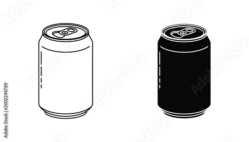 Aluminum beverage can icon set in outline and solid styles for soft drink industry food packaging or recycling awareness campaigns isolated on white background