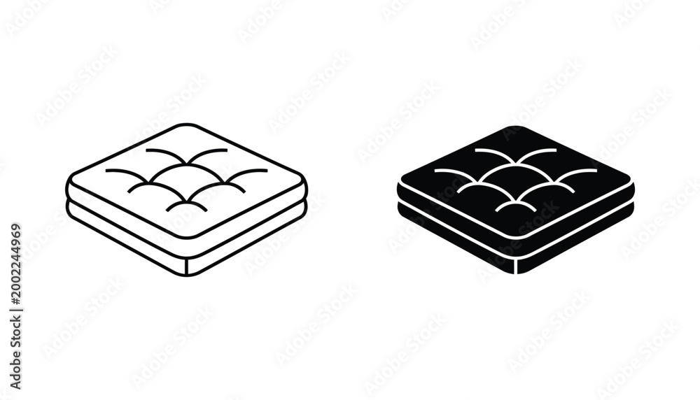 Obraz premium Square quilted cushion or mattress icon set featuring isometric line art and solid black vector design for furniture retail