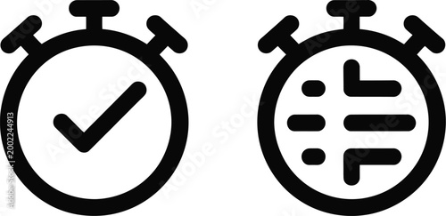 Stopwatch icon set, vector illustration of four stopwatches displaying zero to checkmark sequence for timing workflow progress and completion concept.