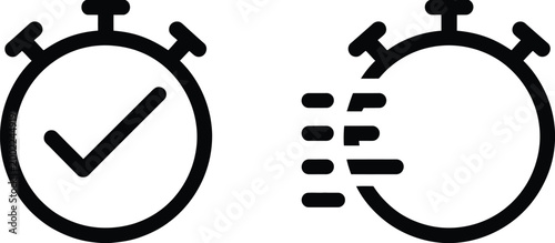 Stopwatch icon set, four timers showing zero and checkmark in sequence representing time tracking completion progress and task success design.