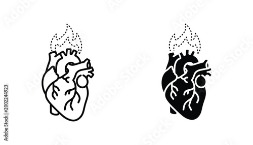 Human heart with fire flame icon in outline and solid styles for health and cardiology medical concepts