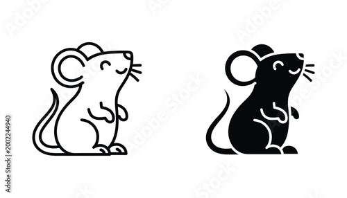 Cute mouse sitting animal icon in outline and solid styles for pet shop and children illustration