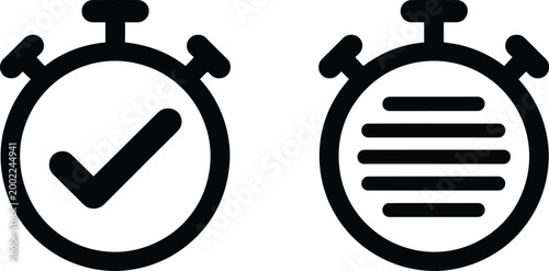 Stopwatch icon set, collection of timers showing progression from zero to checkmark for time management deadline tracking and success indication design.