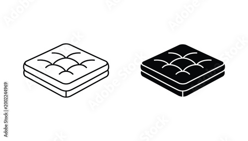 Square quilted cushion or mattress icon set featuring isometric line art and solid black vector design for furniture retail
