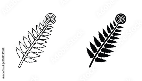 Fern leaf with spiral fiddlehead vector icon set showing line art and solid black styles for botanical design and natural eco friendly branding projects on clean white backdrop