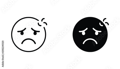 Sad face emoji icon set featuring outline and solid black silhouette styles for user experience feedback and emotional expression design