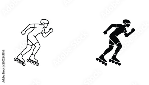 Person inline skating vector icon set in active motion with line art and solid black silhouette styles for sports fitness and outdoor recreation graphic design projects on white background