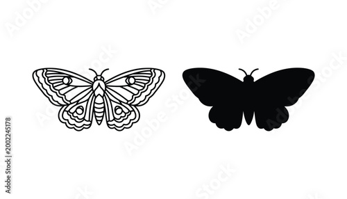 Beautiful moth insect vector icon set featuring intricate wing patterns in outline and solid black silhouette for entomology and nature themes