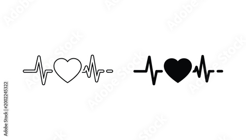 Heart beat pulse line and solid silhouette icon set representing cardiology and medical health monitoring isolated on white background