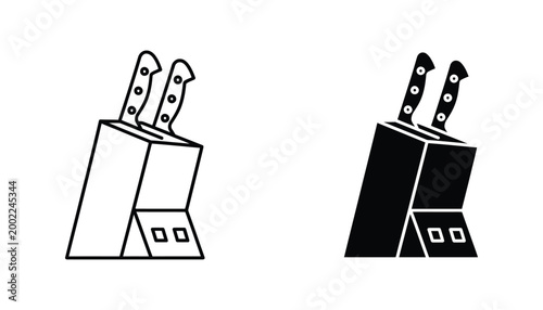 Kitchen knife block set featuring chef knives in outline and solid silhouette styles for culinary and cooking website interface isolated on white background