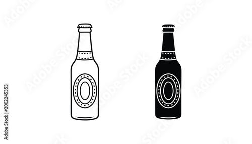 Glass beer bottle icon set with decorative label in outline and solid black styles for pub and beverage industry branding isolated on white background