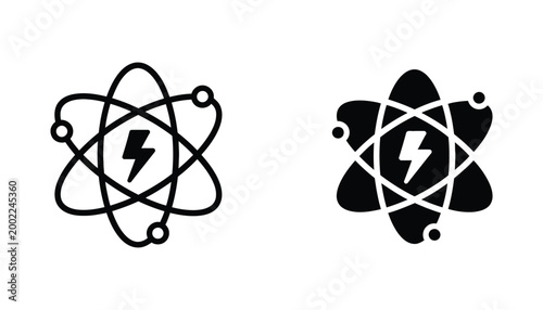 Nuclear atom icon set with lightning bolt center in outline and solid black styles for energy and physics research branding isolated on white background