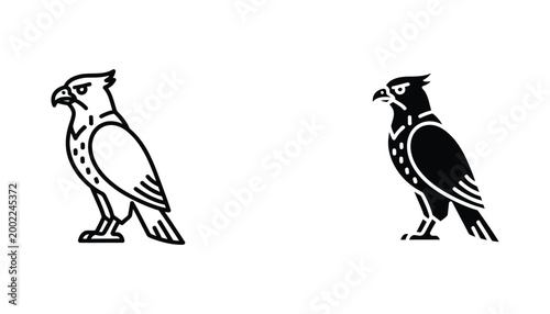 Minimalist hawk icon set featuring stylized bird of prey in outline and solid black silhouette styles for professional branding and graphic design projects