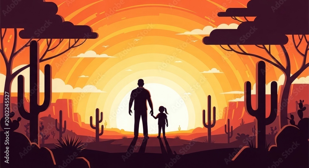 Fototapeta premium Silhouette of a man and a girl holding hands in a desert landscape at sunset