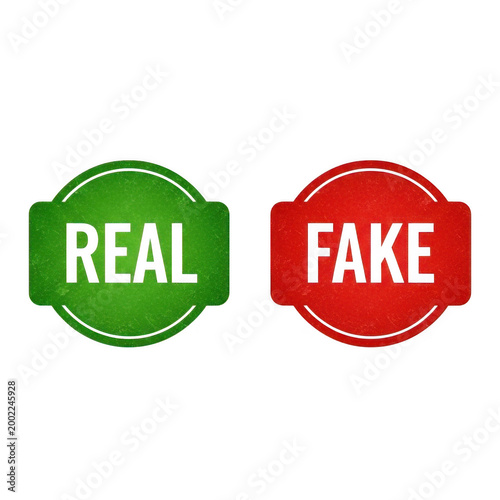 Split graphic symbol showing real versus fake with green and red buttons isolated on transparent background