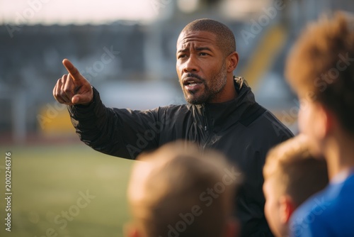 Coach Instructs Young Athletes on Field in Teamwork Session During Training