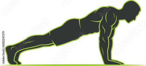 A muscular man performing a pushup exercise with green outline