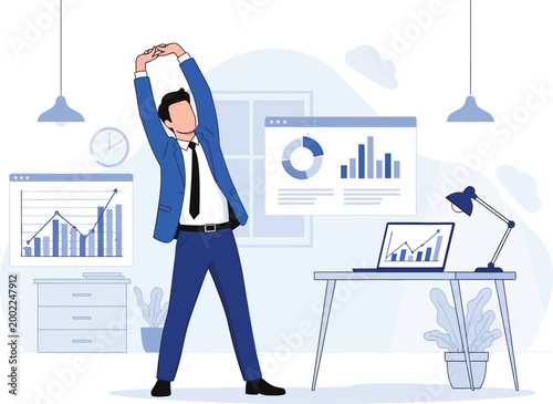 Businessman stretching in office with charts and graphs in background stress relief flat design businessman stretching business wellness relaxation analysis strategy corporate productivity