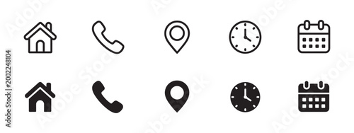 Interface Icon Set Vector Illustration, phone receiver home location pin clock calendar contact navigation scheduling concept, clean modern UI design element