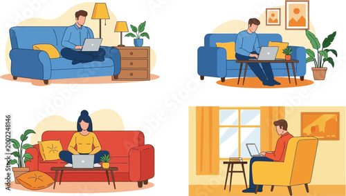 Four people working remotely on laptops in comfortable home environments with remote work living room digital nomad flat design freelance interior computer technology lifestyle relaxation