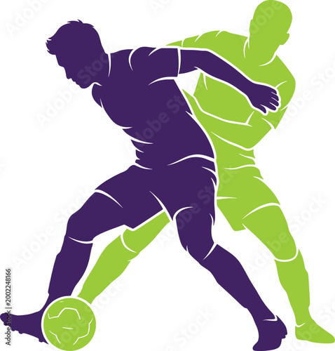 Two soccer players in blue and green fighting for the ball