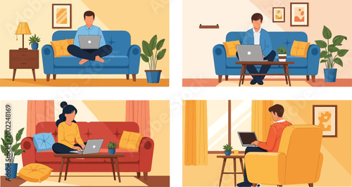 Multiple people working on laptops in cozy home settings with plants and decor work from home remote living room flat design digital nomad interior freelance computer technology