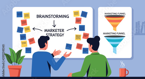 Two business people brainstorming marketing strategy with sticky notes on whiteboard and funnel chart brainstorming marketing strategy business whiteboard collaboration planning discussion
